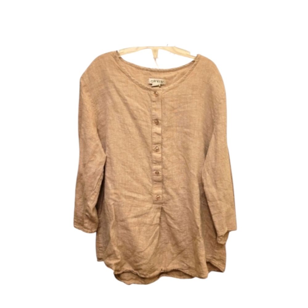 Orvis 100% Linen Khaki Button Down Long Sleeve Blouse Made In India Size Large